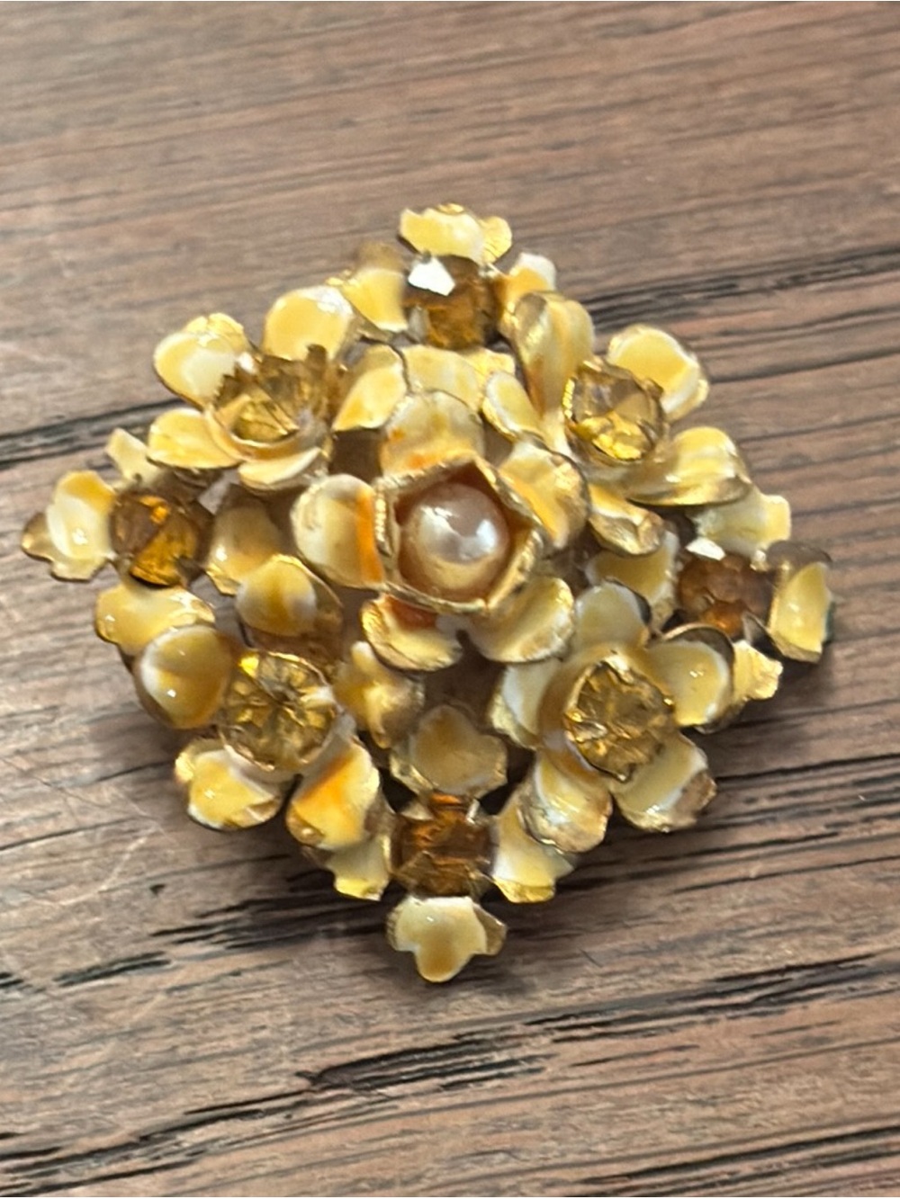 Vintage Sanford Yellow Flower Cluster Brooch with Pearl and Rhinestone Accents